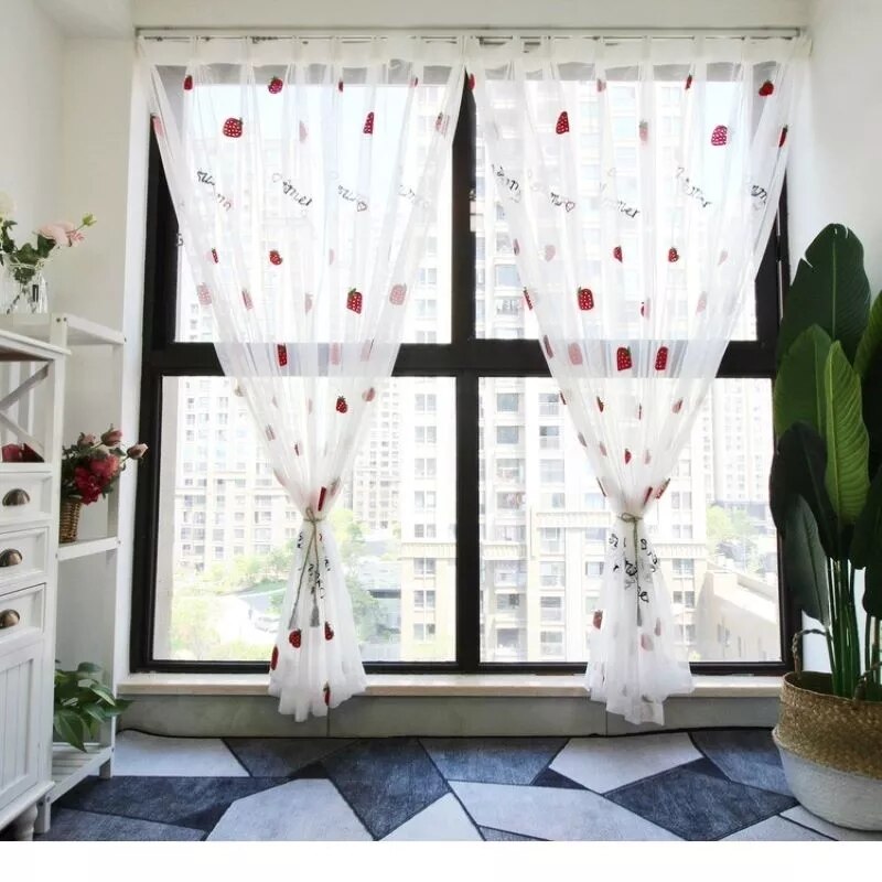 Green Avocado Sheer Curtains with Fruit Embroidery