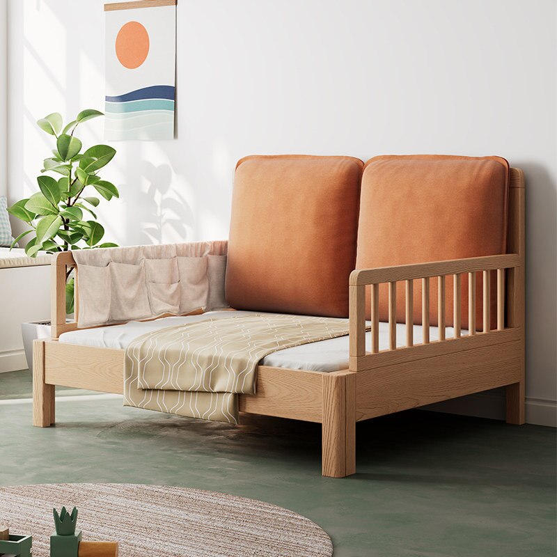Solid Wood Kids Bed with Guardrail - Foldable Baby Crib