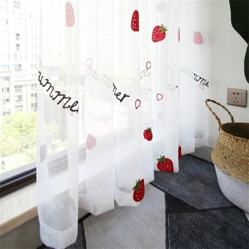 Green Avocado Sheer Curtains with Fruit Embroidery