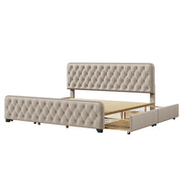Thumbnail for Beige Upholstered Platform Bed Frame with Drawers