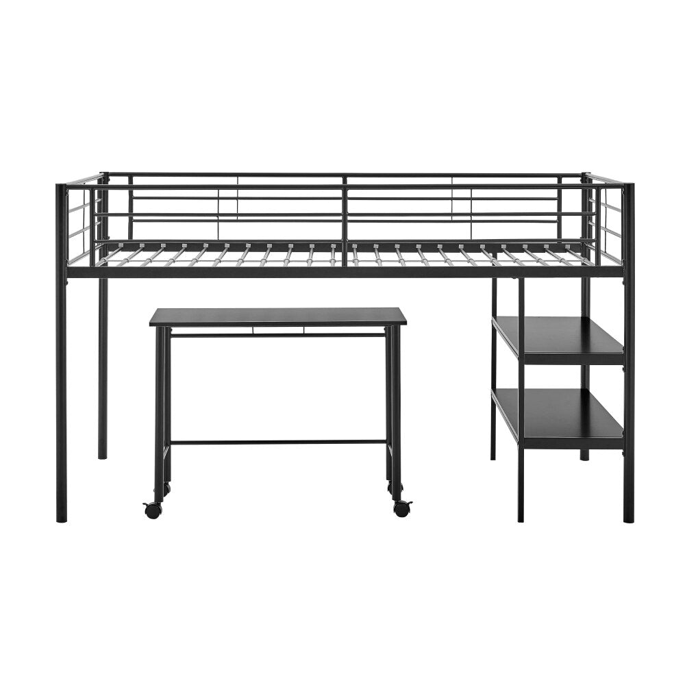 Black Metal Loft Bed with Desk and Shelving