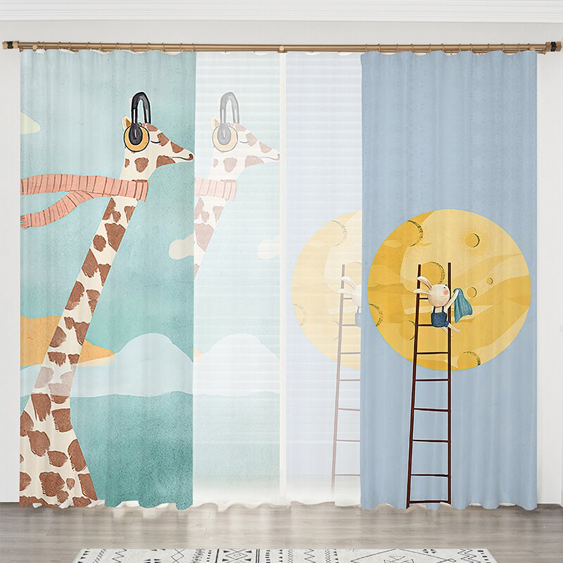 Custom Nordic Blackout Curtain with Cute Cartoon Rabbit and Stars
