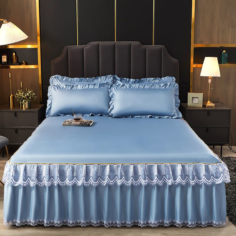3 Pcs Smooth Elegant Bed Spread Solid Colour Bed Skirt Polyester Cotton King Queen Size with Pillowcases