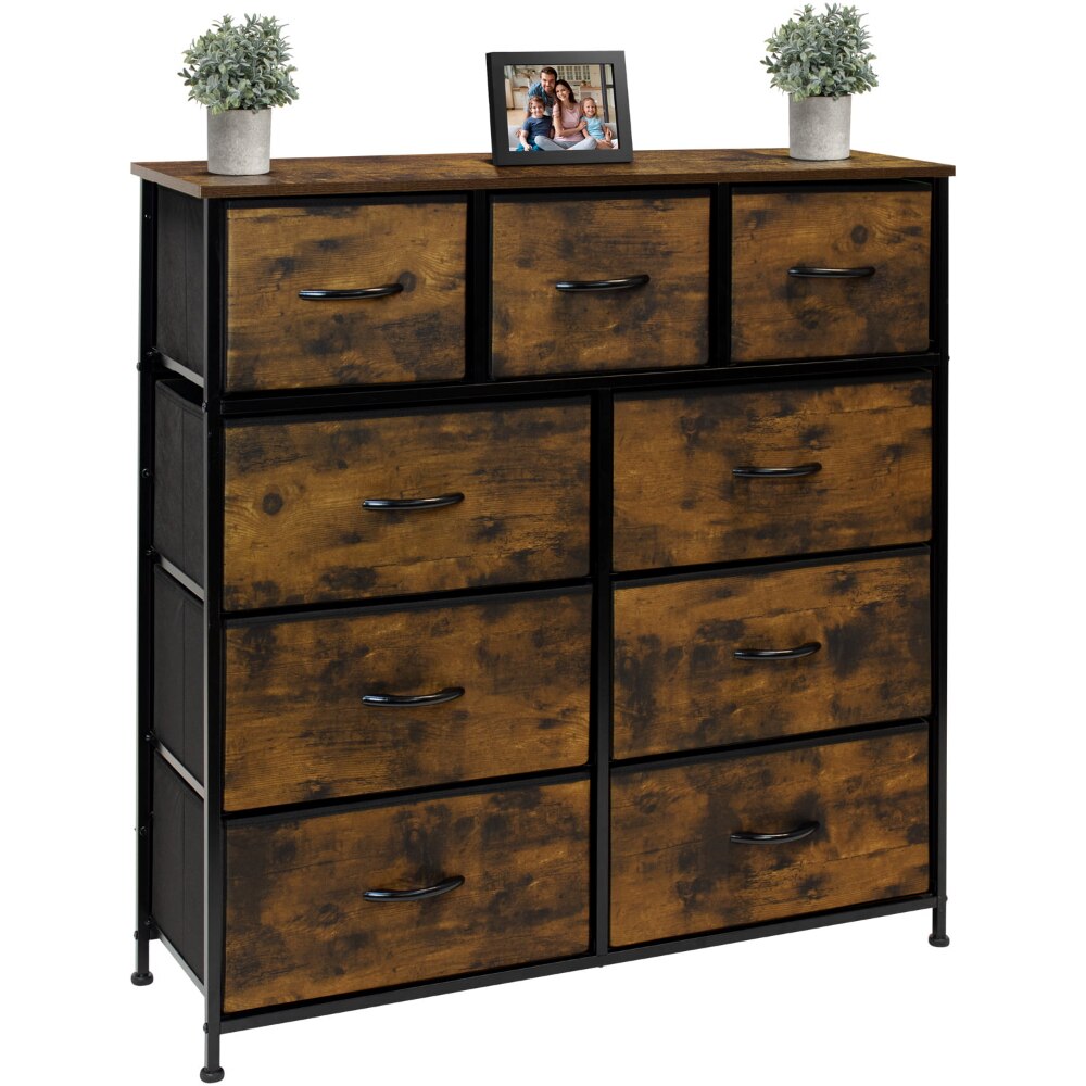 Fabric Dresser with 9 Drawers, Rustic Wood