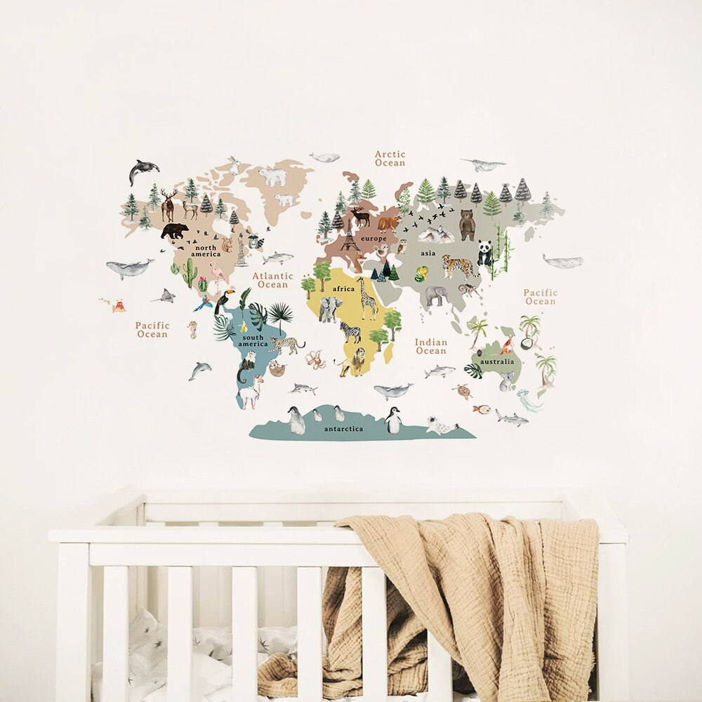 Educational World Map Animals Stickers for Nordic Kids Study Room