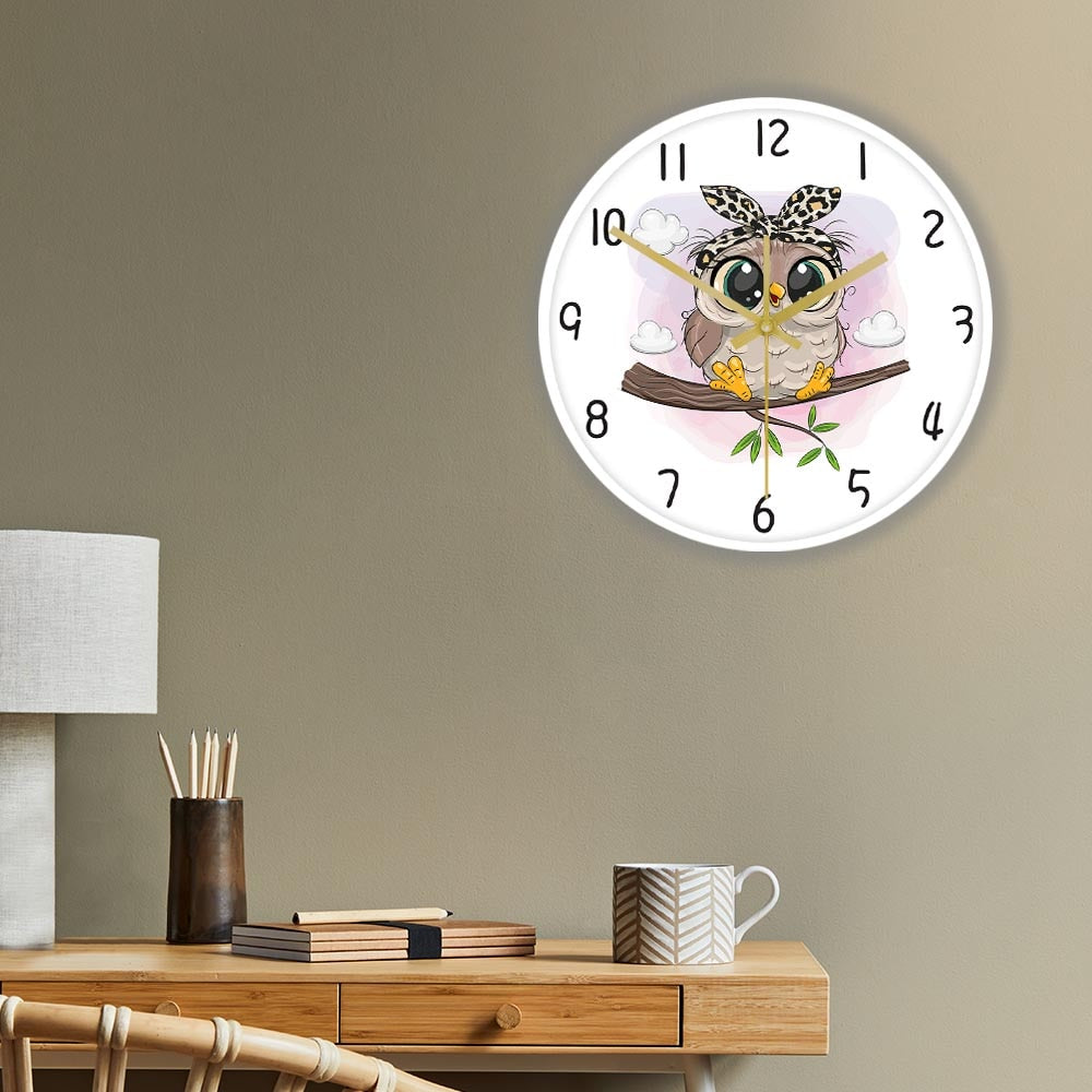 Owl Wall Clock - Digital Art Print for Kids Living Room Decor