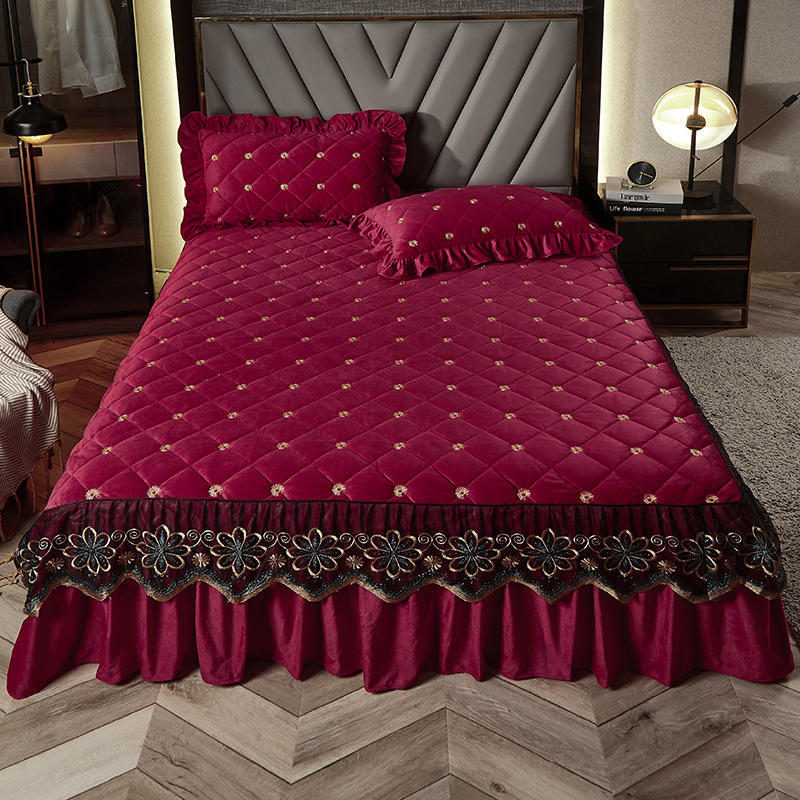 Bed Skirt Luxury Cover Lace Embroidery Crystal Velvet King Ruffle Wrap