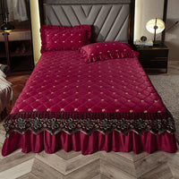 Thumbnail for Bed Skirt Luxury Cover Lace Embroidery Crystal Velvet King Ruffle Wrap