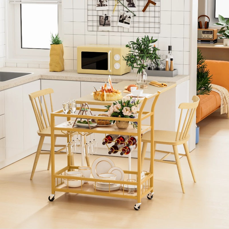 Gold Bar Cart with Shelves and Holders