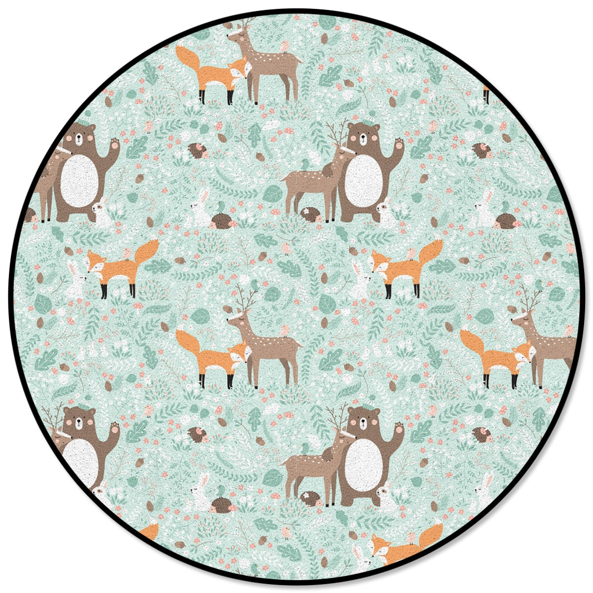 Round Rug with Forest Animals Print