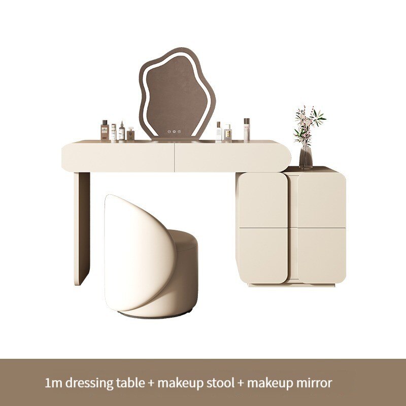 Minimalist Dressing Table with Stool and LED Mirror, White, 6 Drawers