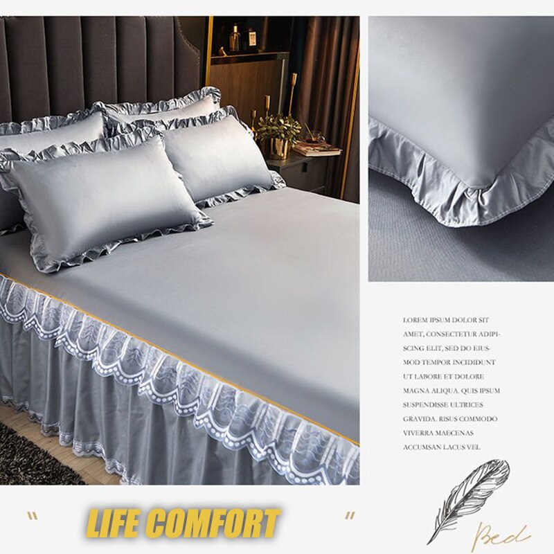 3 Pcs Smooth Elegant Bed Spread Solid Colour Bed Skirt Polyester Cotton King Queen Size with Pillowcases