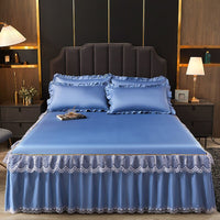 Thumbnail for 3 Pcs Smooth Elegant Bed Spread Solid Colour Bed Skirt Polyester Cotton King Queen Size with Pillowcases