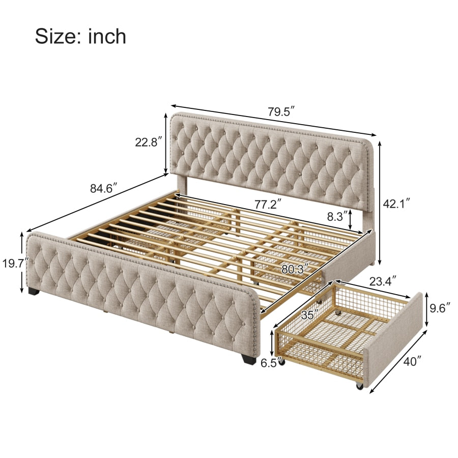 Beige Upholstered Platform Bed Frame with Drawers