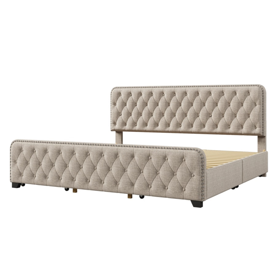 Beige Upholstered Platform Bed Frame with Drawers