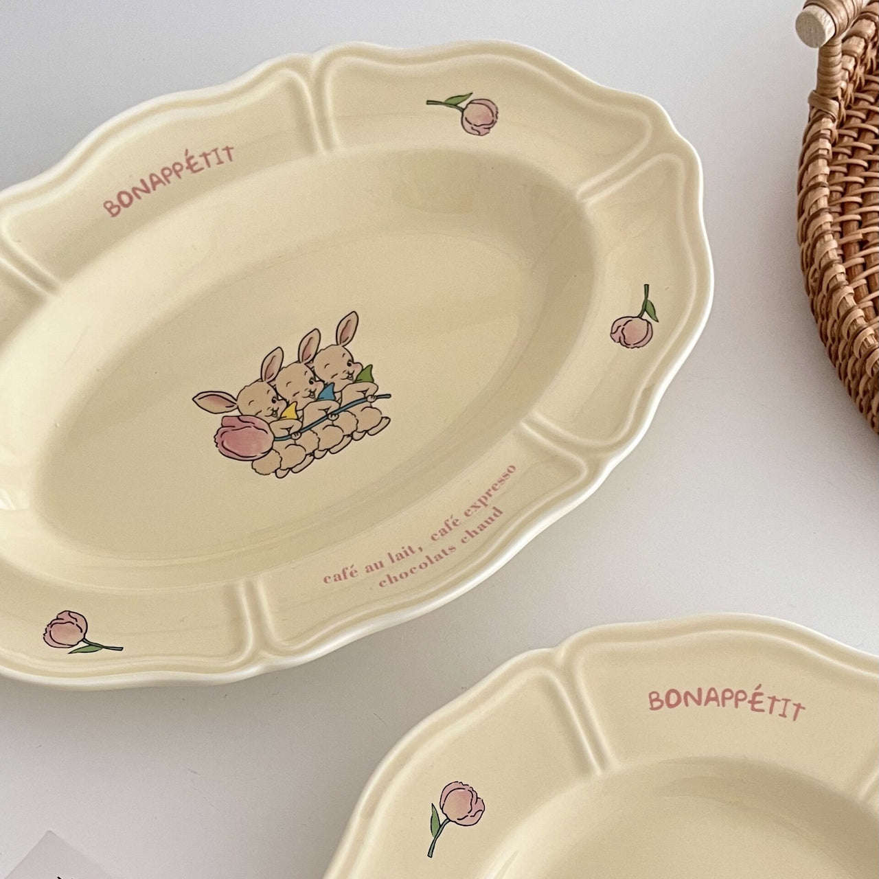 Vintage French Three Rabbit Ceramic Oval Plate