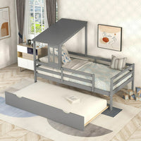 Thumbnail for Kids White Low Loft Bed with Roof and Trundle