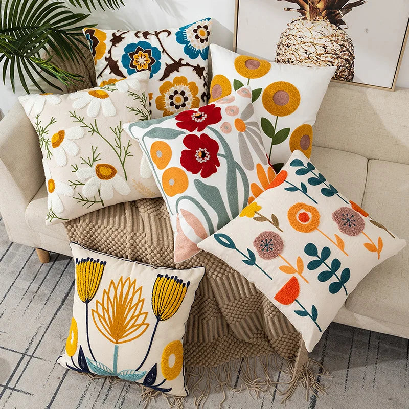 Embroidered Flower Cushion Cover Linen