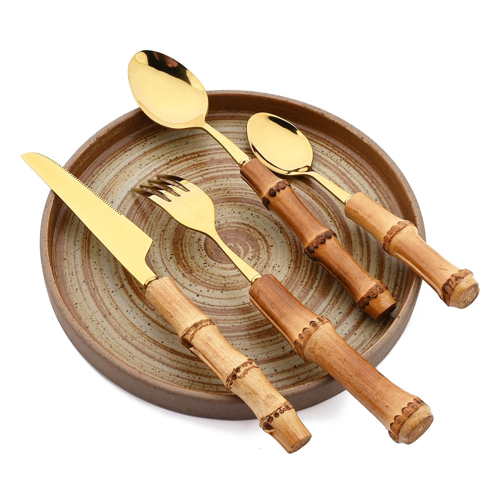 24Pcs Creative Bamboo Handle Dinnerware Set