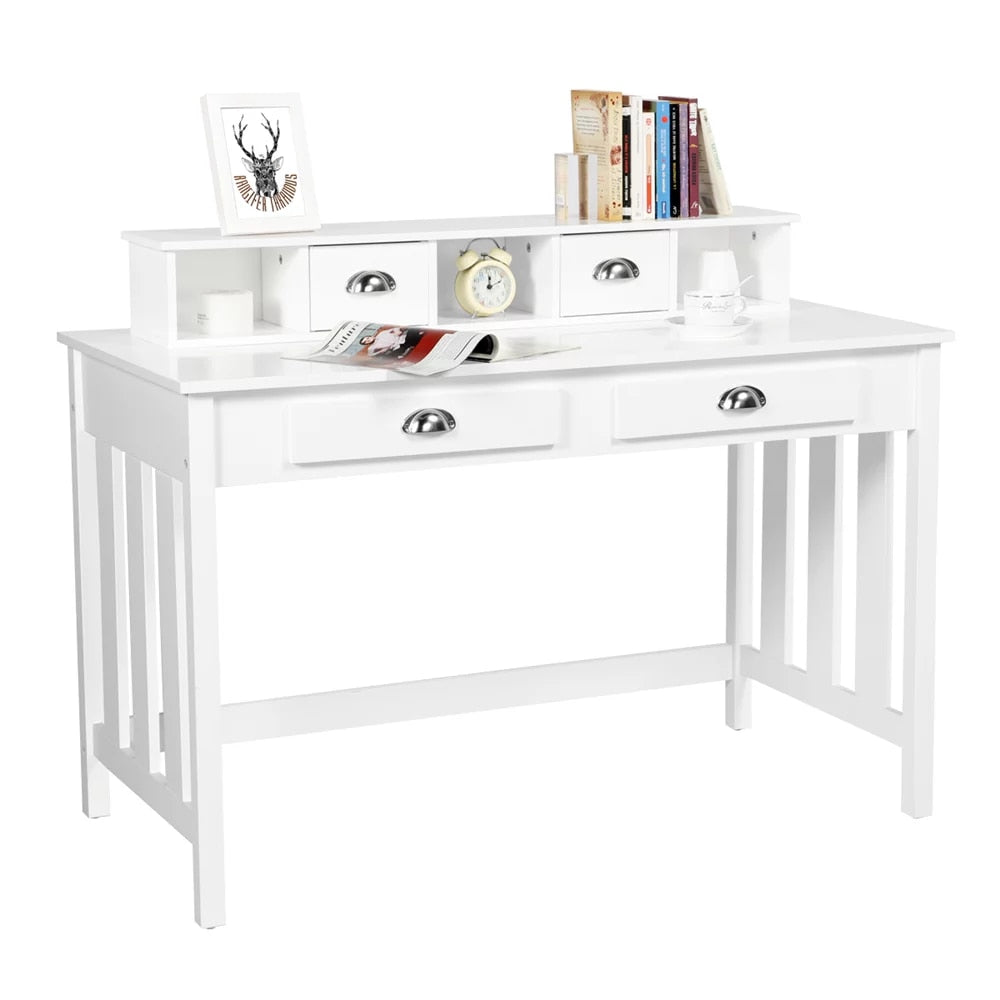 Modern White Wood Writing Desk with 4 Drawers