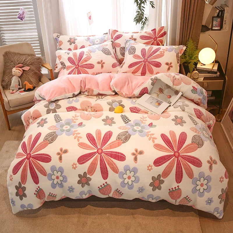 Warm Coral Fleece Duvet Cover with Flower Print