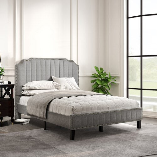 Linen Curved Upholstered Platform Bed Solid Wood Frame King Grey