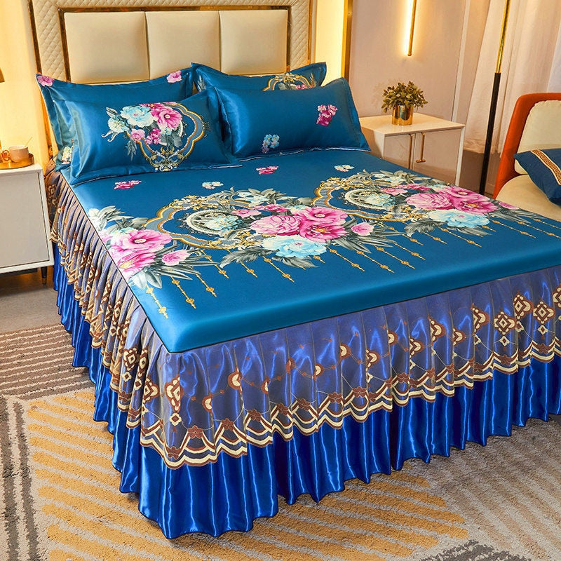 Royal Blue Bedding Set - Lace Bedspread with Elastic Band
