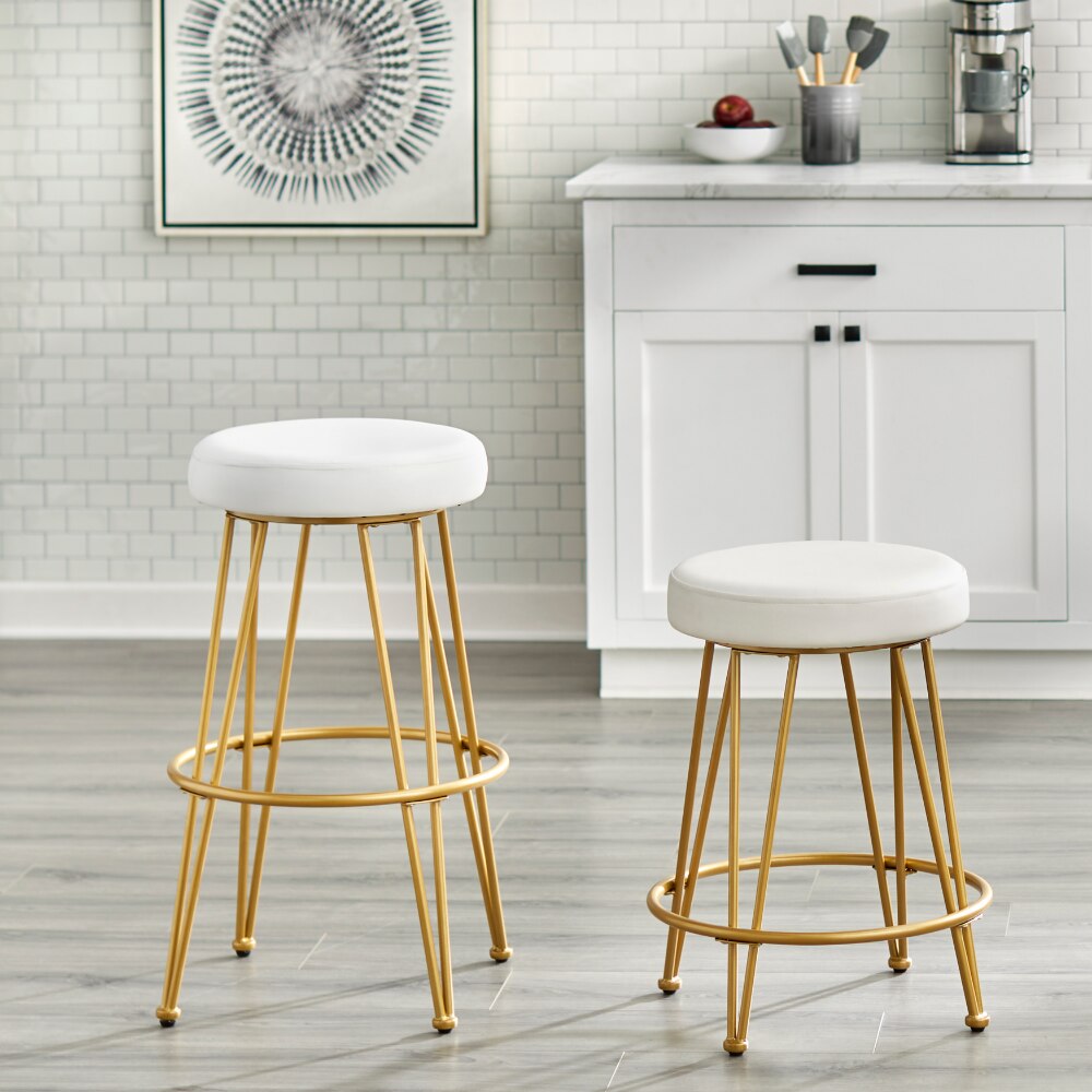 2 Piece Backless Counter Stools with White Faux Leather Seats