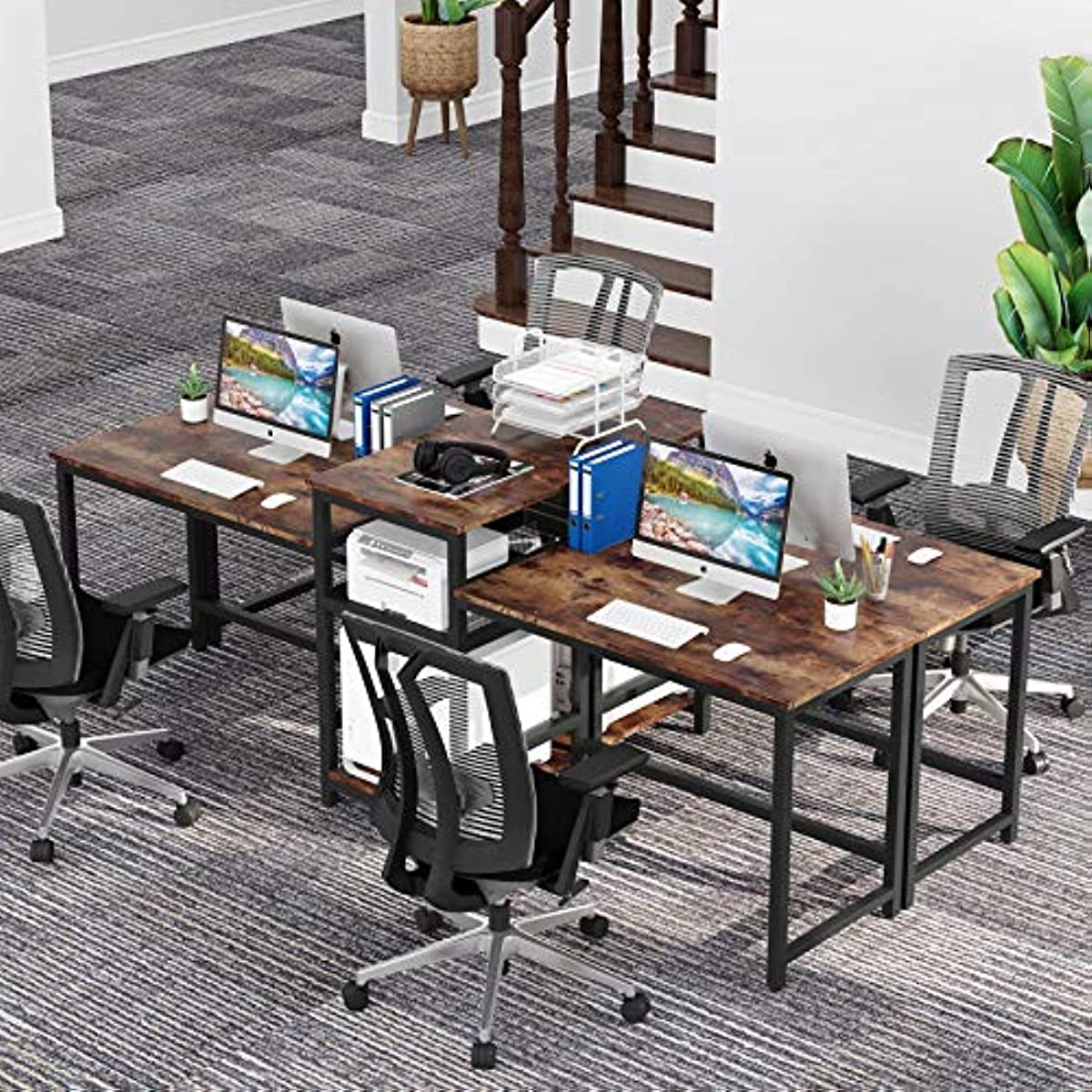 Extra Long Two-Person Desk Workstation with Storage Shelves