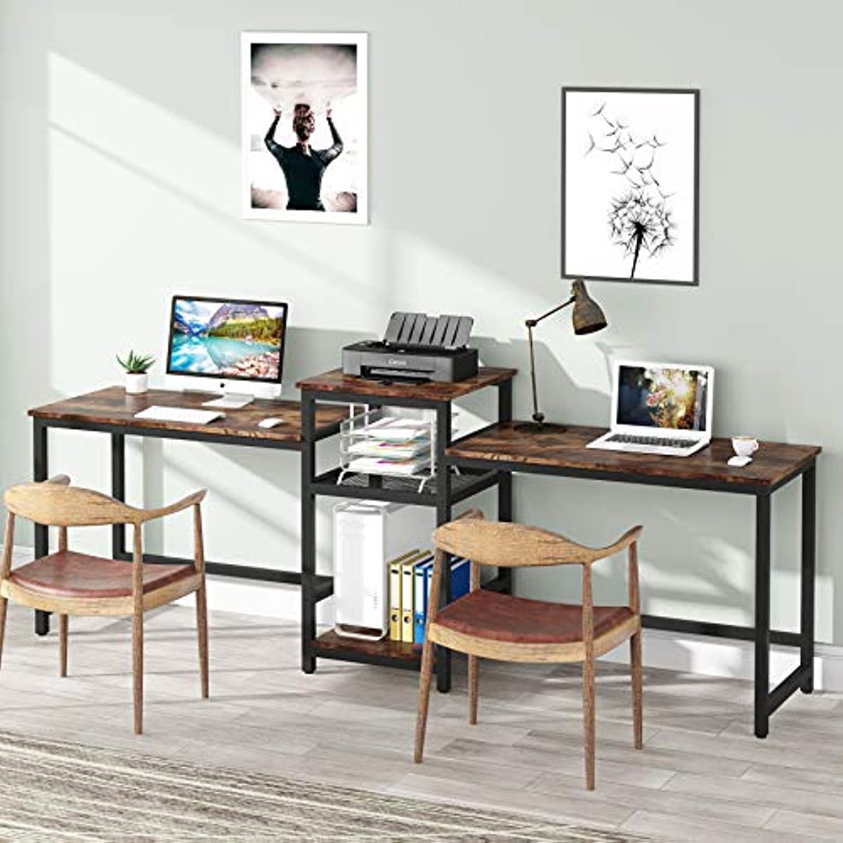 Extra Long Two-Person Desk Workstation with Storage Shelves