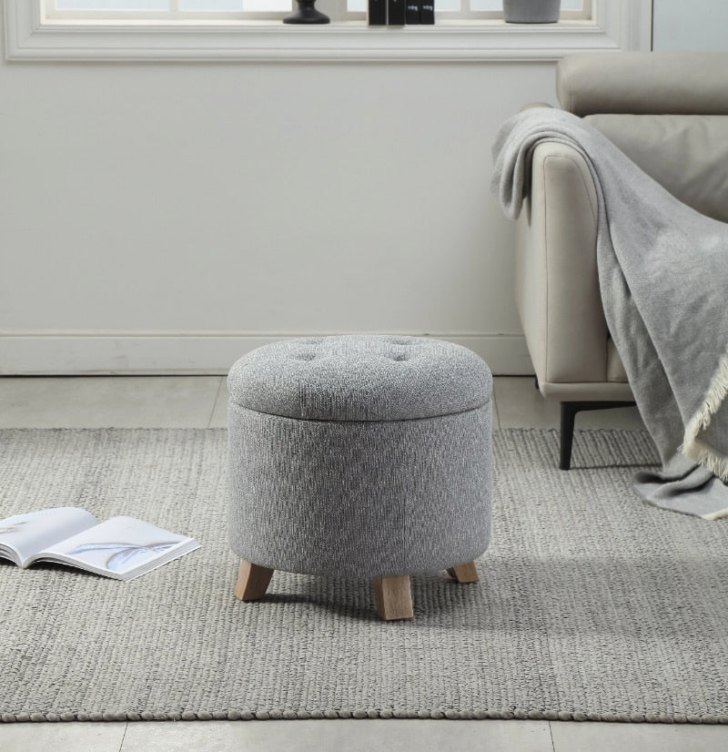 Gray Faux Linen Round Tufted Ottoman