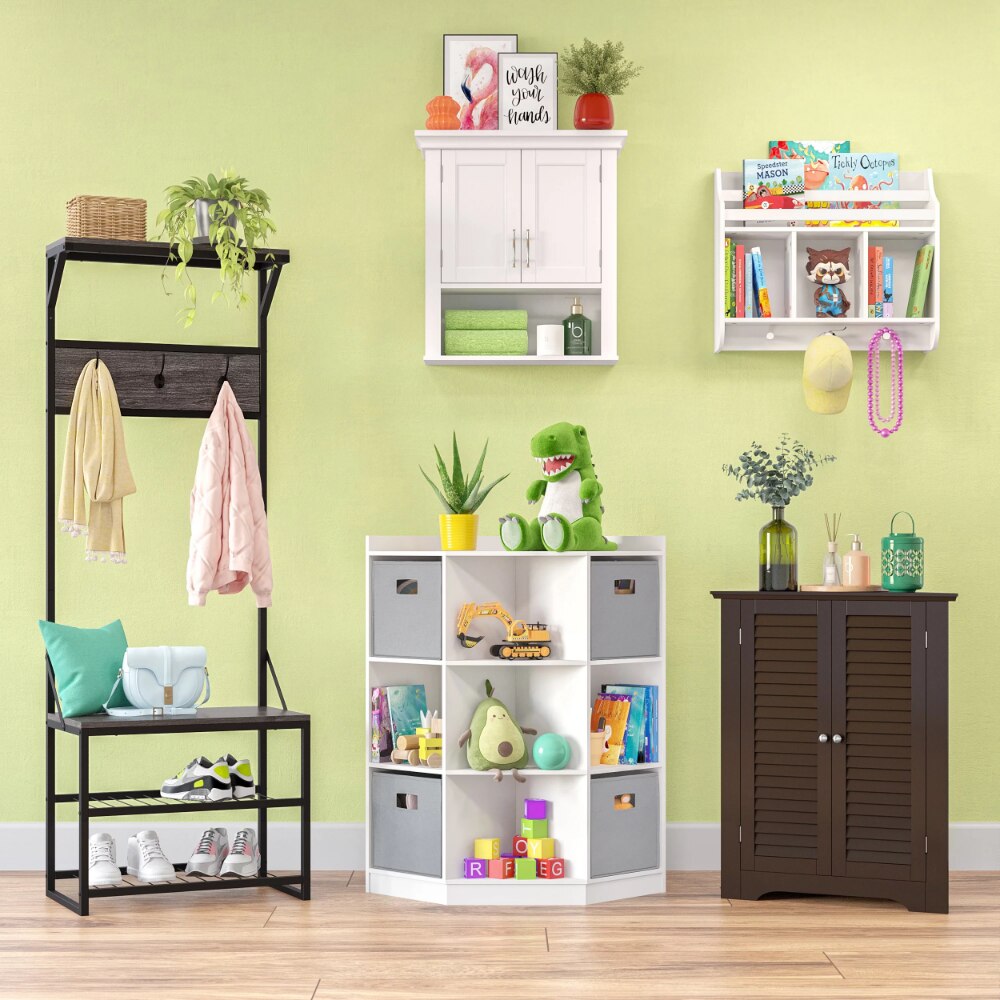 White Kids Corner Cabinet with Cubbies and Shelves
