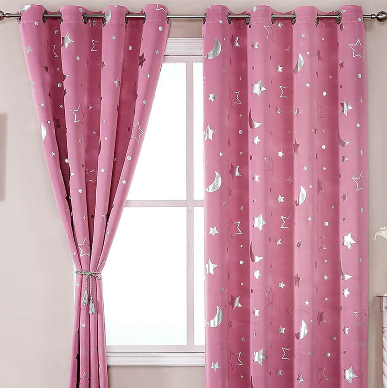 Pink Star Moon Print Kids Window Curtains