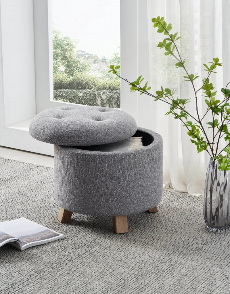 Gray Faux Linen Round Tufted Ottoman