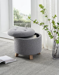 Thumbnail for Gray Faux Linen Round Tufted Ottoman