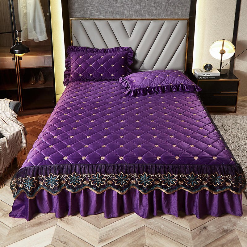 Bed Skirt Luxury Cover Lace Embroidery Crystal Velvet King Ruffle Wrap