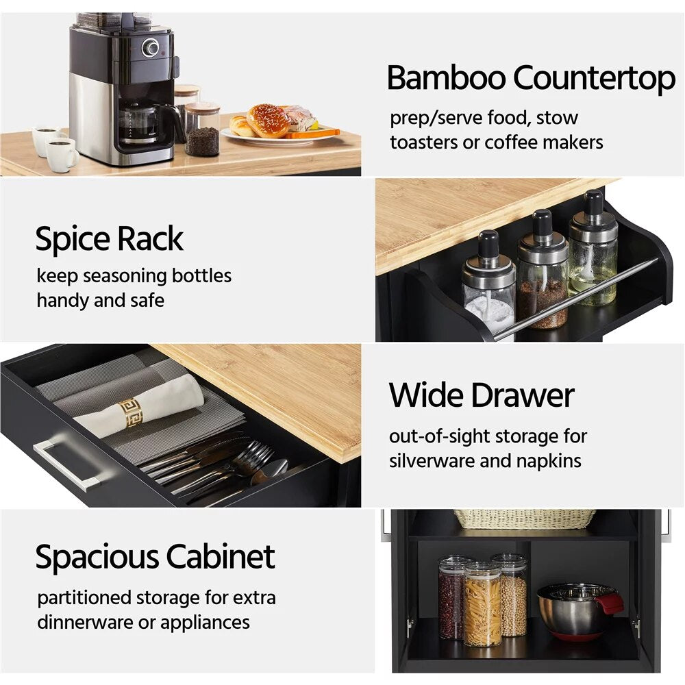 Black Rolling Kitchen Cart with Storage and Spice Rack