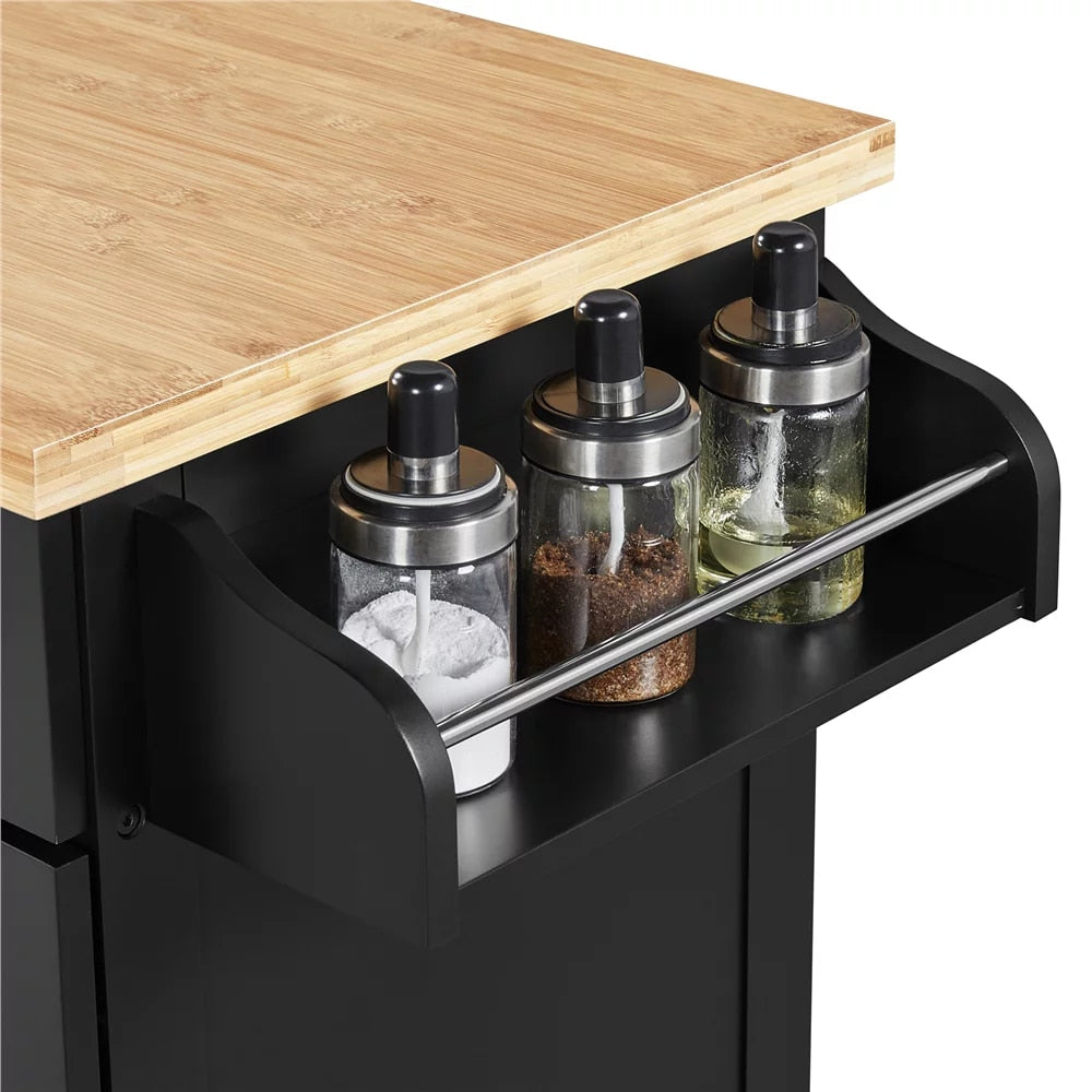 Black Rolling Kitchen Cart with Storage and Spice Rack