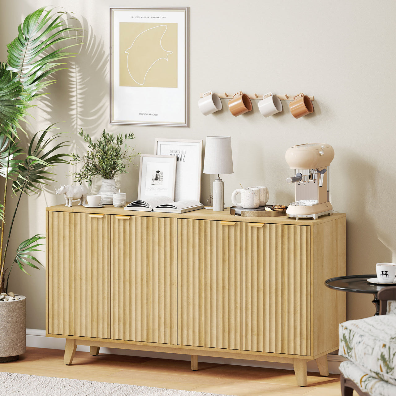 Fluted Sideboard Buffet Cabinet With 4 Doors, 2 Adjustable Shelves, 5 Wood Legs