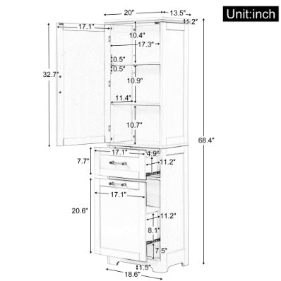 Tall Freestanding Storage Cabinet With Two Different Size Drawers And Adjustable Shelf