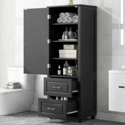 Tall Freestanding Storage Cabinet With Two Drawers And Adjustable Shelf