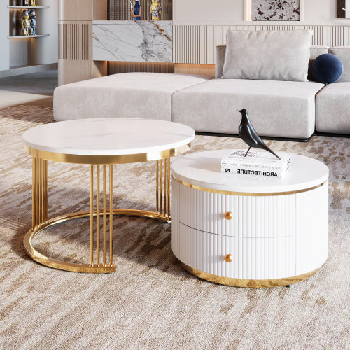 Modern 2-piece White Circular Nested Coffee Table With Drawers