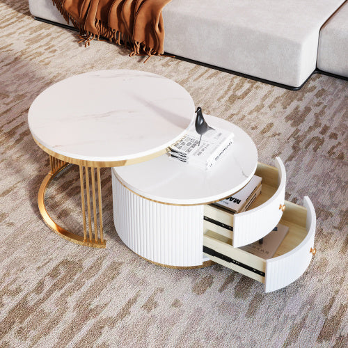 Modern 2-piece White Circular Nested Coffee Table With Drawers