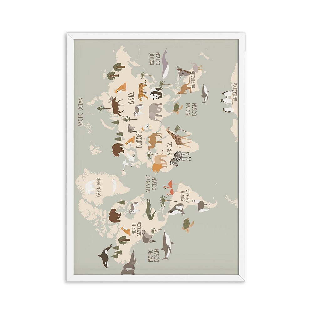 Animal World Map Nursery Canvas Cute Cartoon Decor - Casatrail.com