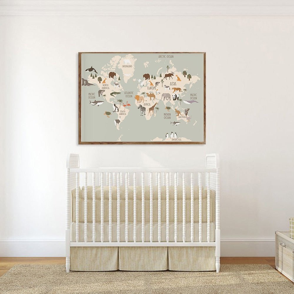 Animal World Map Nursery Canvas Cute Cartoon Decor - Casatrail.com