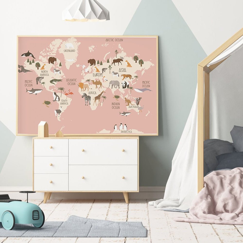 Animal World Map Nursery Canvas Cute Cartoon Decor - Casatrail.com