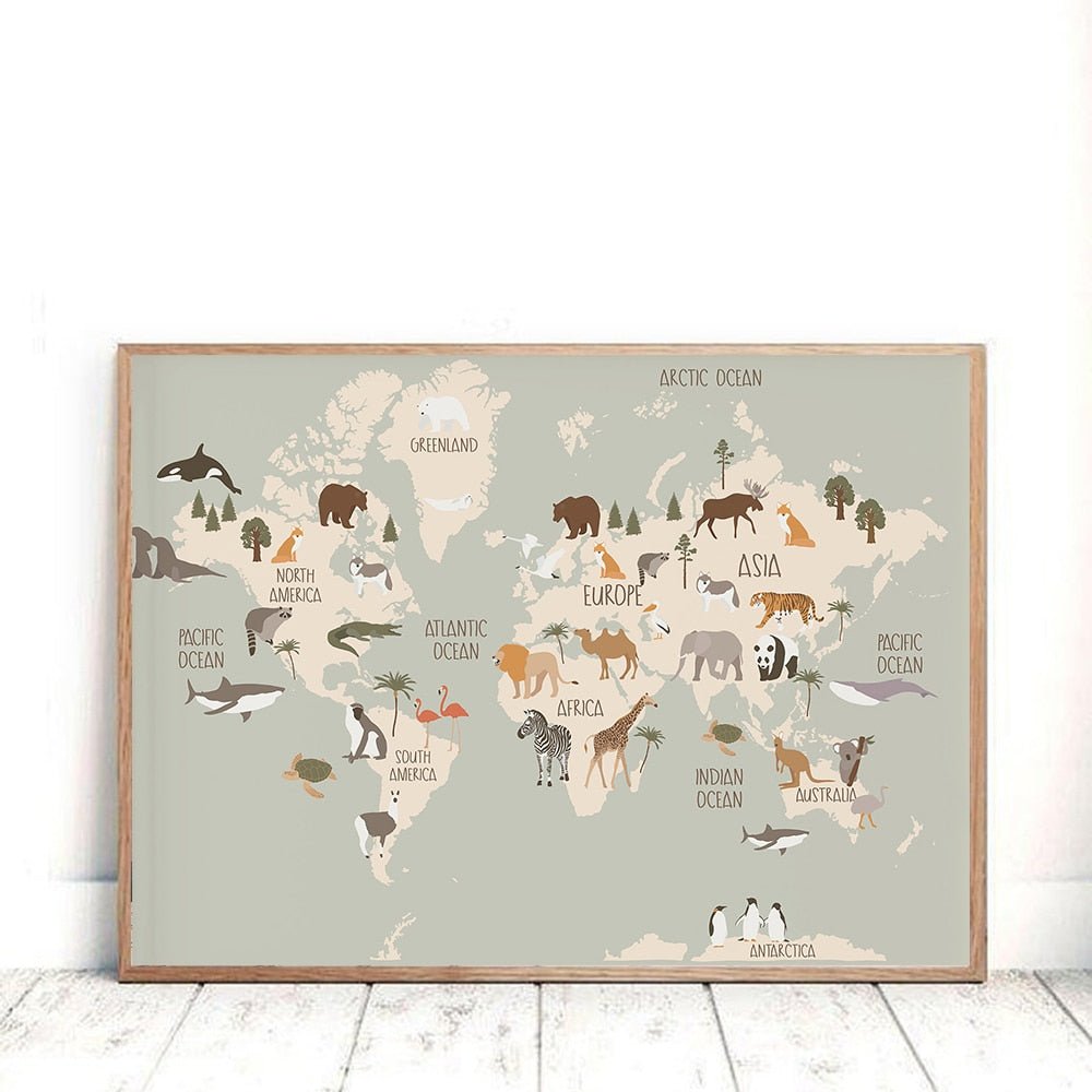 Animal World Map Nursery Canvas Cute Cartoon Decor - Casatrail.com