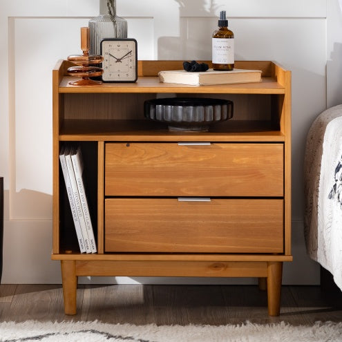 Mid-Century Modern Solid Wood 2-Drawer Gallery Nightstand - Caramel