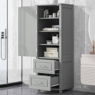 Tall Freestanding Storage Cabinet With Two Drawers And Adjustable Shelf