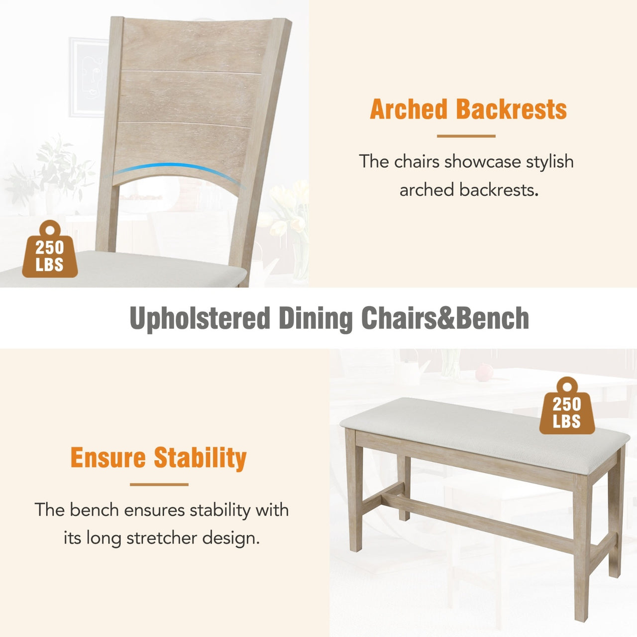 6-Piece Wood Half Round Dining Table Set With Long Bench & 4 Chairs